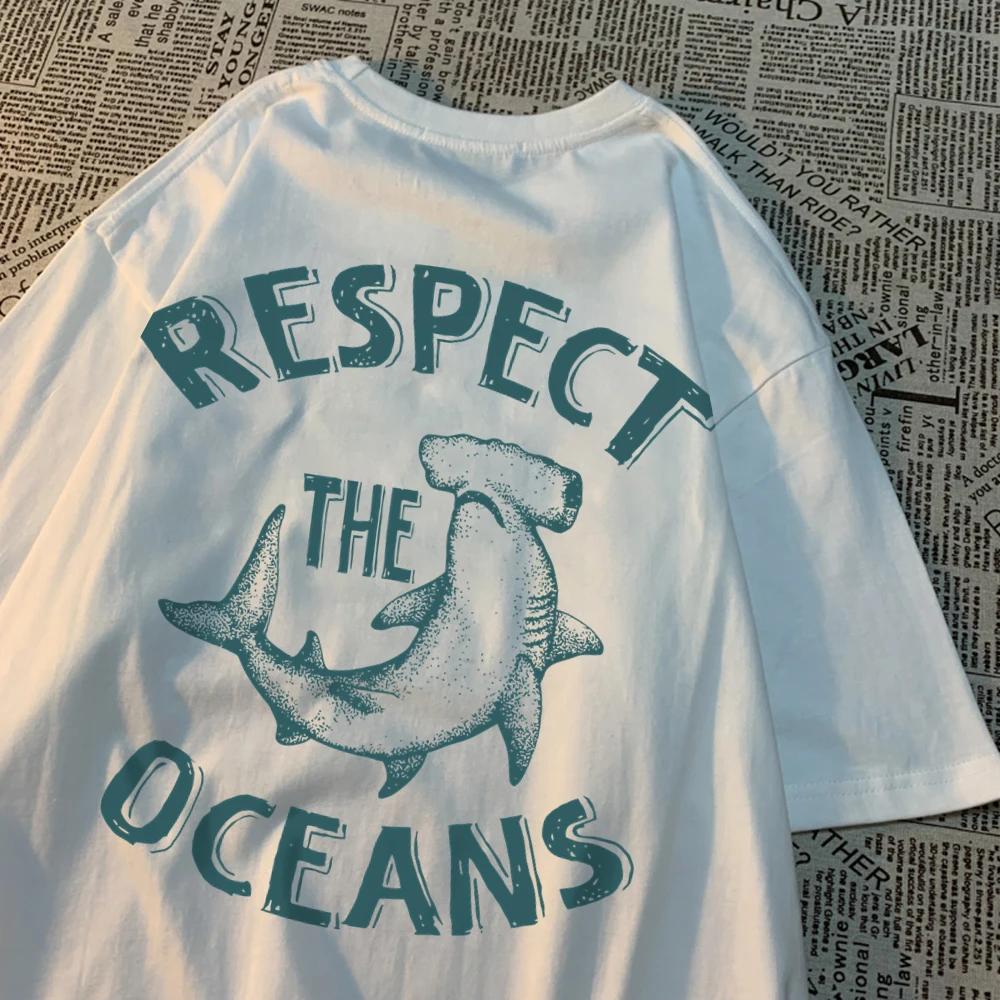Respect The Oceans Print Men T Shirts Harajuku Loose Tee Clothes Anime Oversize New Menwear Fashion Cotton Men Women T Shirt