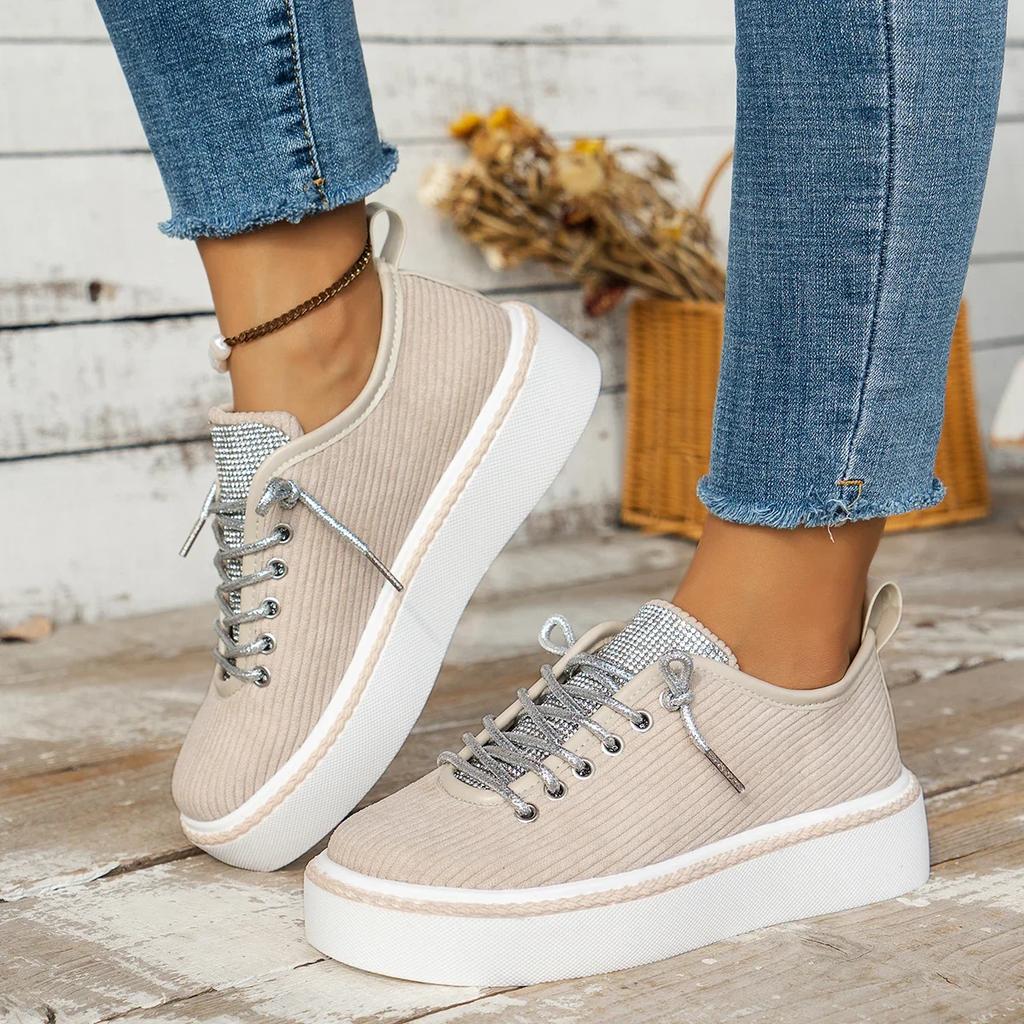 New Women's Low-top Vulcanized Round Toe Casual Shoes Flat Shoes Lace-up Walking Shoes Women Versatile Comfortable