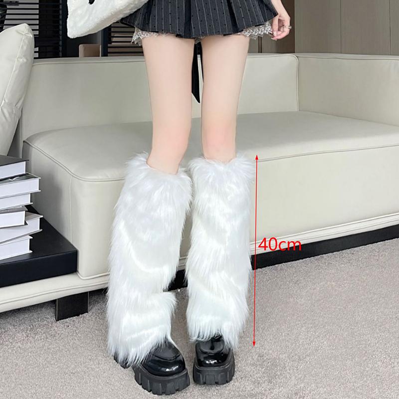 White Faux Fur Leg Warmers Boot Covers Y2K Goth Solid Leg Socks Punk Knee-Length Fashion Warm Sock