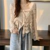 Ladies Hollow Top Women Summer New Long Sleeve Solid Color Square Neck Short Lace Cardigan Fashion Casual Button Female