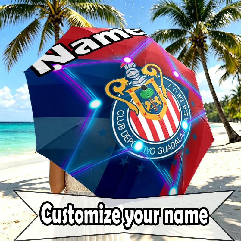 Custom Name Personalized Club Deportivo Guadalajara Print Umbrella, Auto Open Close, 8‑Rib Sturdy Frame, Commute Camping Hiking Use, Birthday Gift