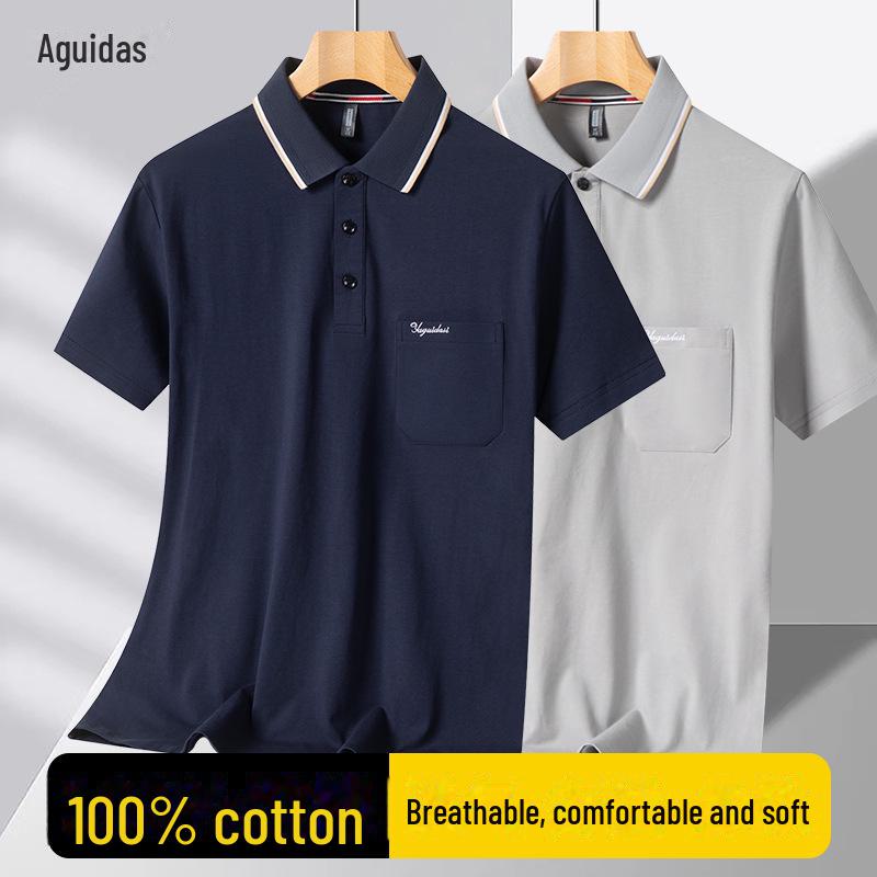 Мужская хлопковая летняя футболка-поло с коротким рукавом и отворотом для пожилых людей
