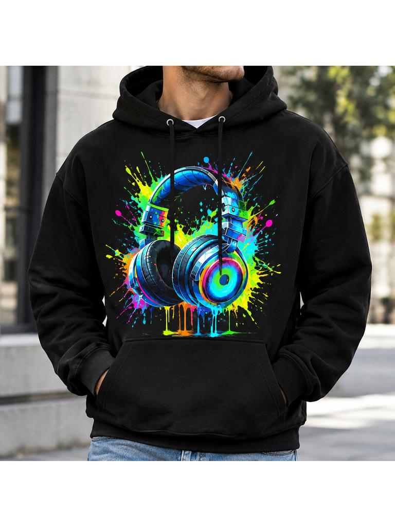 Unisex Headphone Graphic Hoodie, Music-Inspired Print Drawstring Pullover with Long Sleeves for Fall And Winter