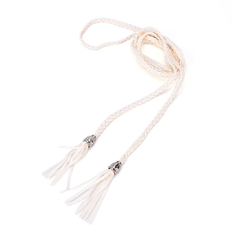 Boho Women Simple Pu Leather Tassel Braided Self-Tie Belt Thin Waist Rope Belt