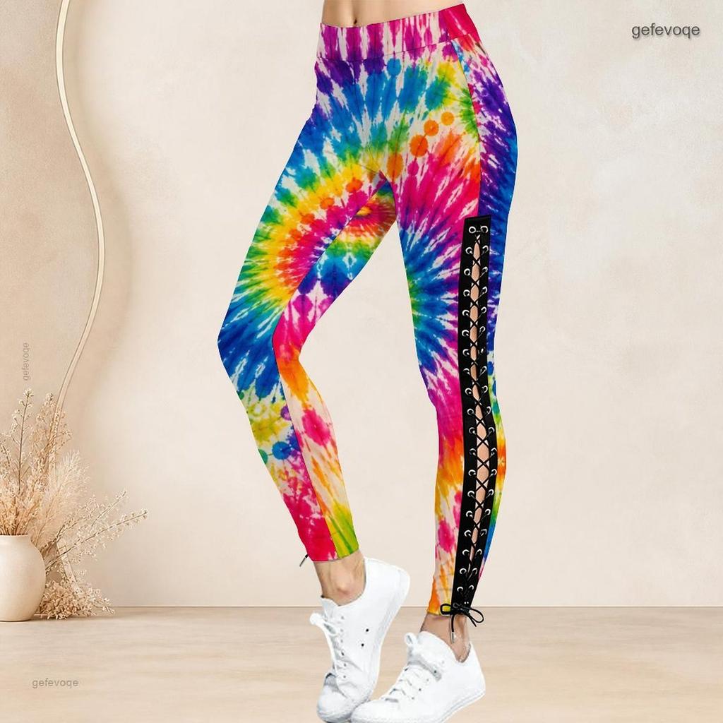 Women Plus Size High Waist Tie Dye Printed Side Eyelet Lace Up Fitted Full Length Leggings