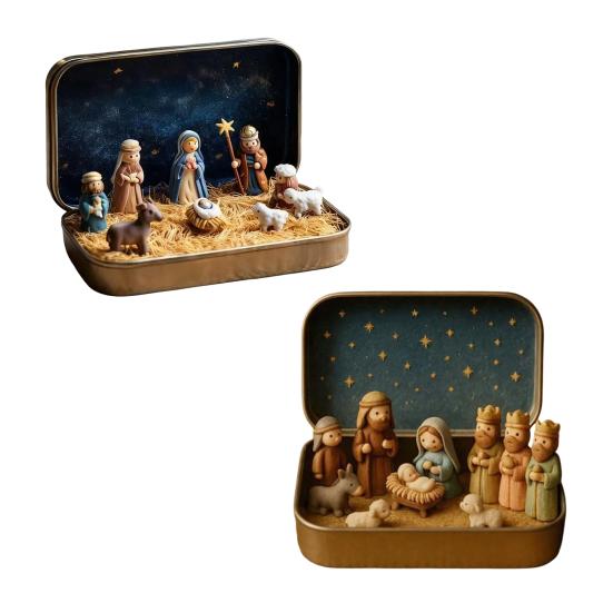 Miniature Christmas Nativity Set In A Tin Box Handcrafted Pocket Nativity Scene Gift Small Religiou Holy Family Ornament for Desk Shelf Travel Decor