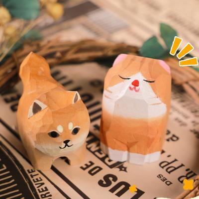 Деревянная резная фигурка собаки кошки, ручная резьба по дереву, небольшая статуэтка животного, скульптура, украшение для домашнего офиса, рабочего стола, орнамент