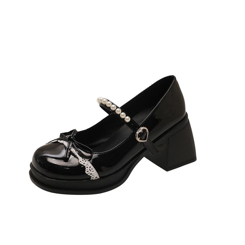 Fashion One Strap Mary Jane Single Shoes Autumn New Round Toe Shallow Mouth Butterfly Block Heel Shoes