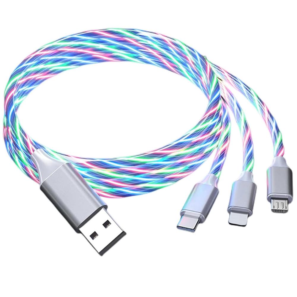 Универсальный USB-кабель 3-в-1 с текущим светодиодным индикатором для зарядки телефона, с разъемами для Apple+Type C+Micro USB