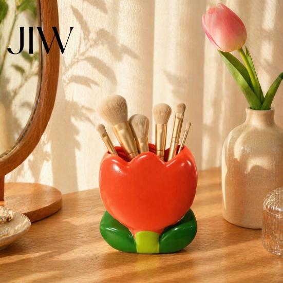 Small Item Organizer for Dressing Table Tulip Makeup Brush Holder, Resin Cosmetic Vanity Desk, Cute Flower Pen Aesthetic Desktop Ornament Cup