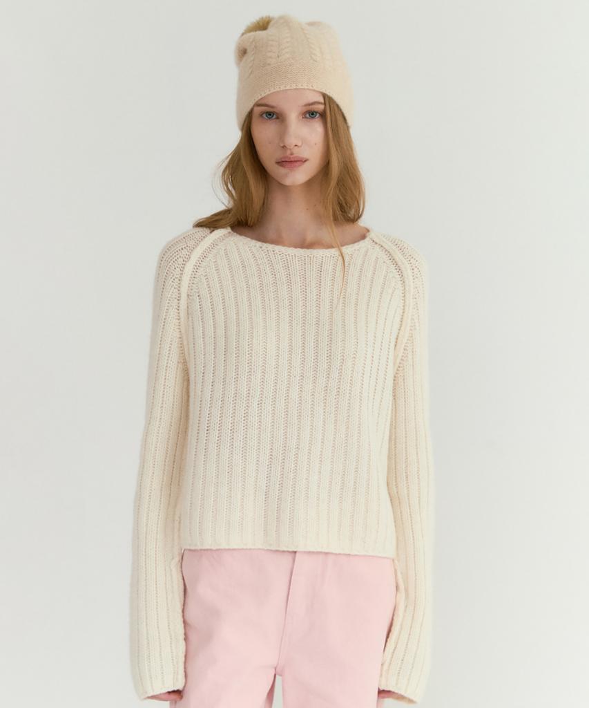 LEI AVERY Merino Wool Rib Boatneck Raglan Knit (Ivory)