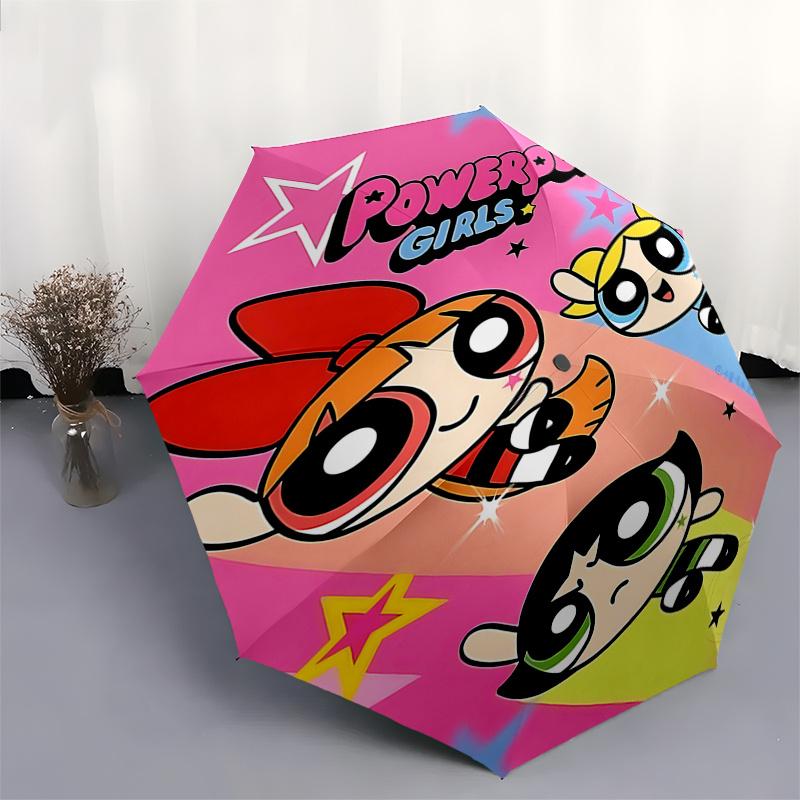 Powerpuff Girls Automatic Opening/Closing Umbrella - Portable 3-Fold Design with 8-Bone Steel Frame - for Fans, Travelers, and Everyday Use
