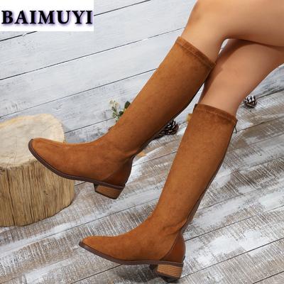 Зимние женские толстые сапоги до колена из замши, дизайнерская обувь, тренд 2025 года, новые ботинки челси, туфли-лодочки в стиле ретро, готические ботинки-лодочки Mujer