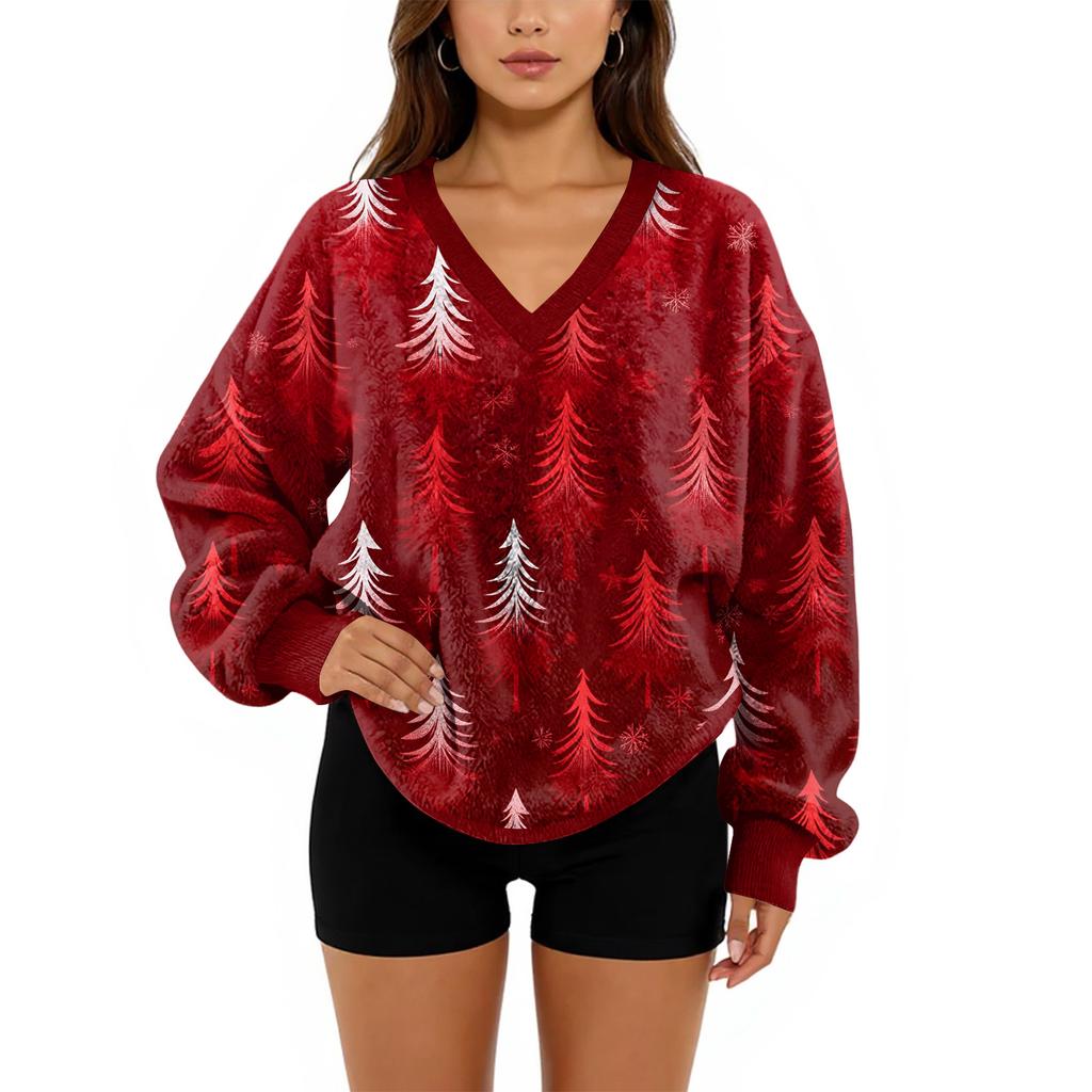 Women's V-Neck Sweatshirt Plush Solid Color Casual Fashion Long Sleeve With Pocketed Pullover Top