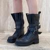 Spot Second Hair! Retro Lace-up Round Head Medium Boots British Style Versatile Solid Color Thick Heel Belt Buckle Locomotive Boots Women