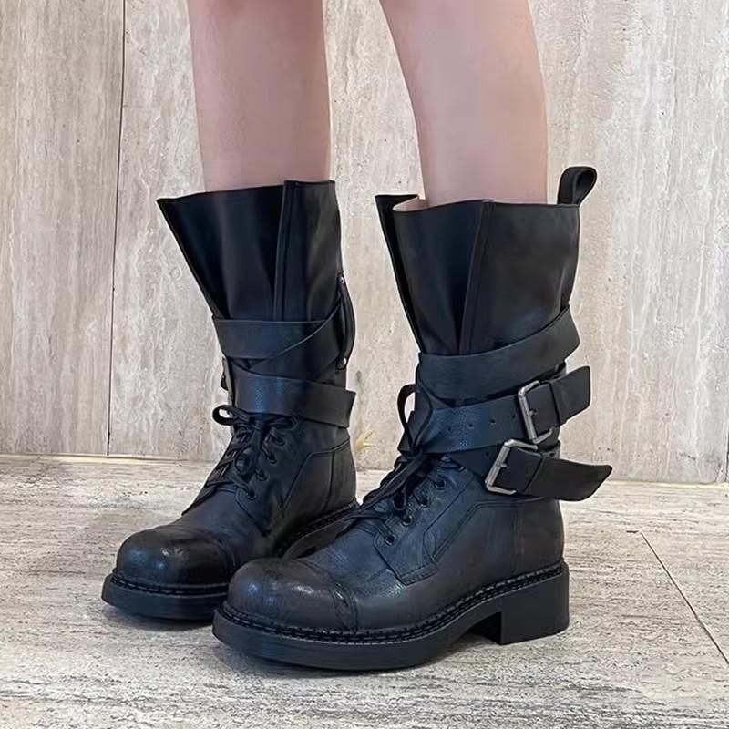 Spot Second Hair! Retro Lace-up Round Head Medium Boots British Style Versatile Solid Color Thick Heel Belt Buckle Locomotive Boots Women