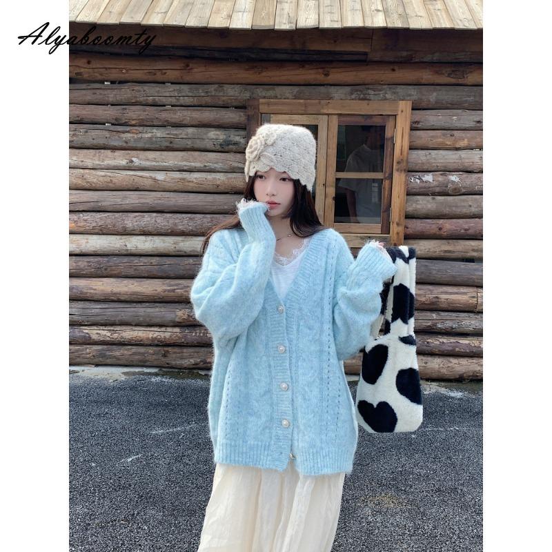 Корейская мода Осень Зима Женский вязаный свитер V-образный вырез Оверсайз Синий Вязаный кардиган Мешковатый Женский Сладкий Теплый Верхняя одежда