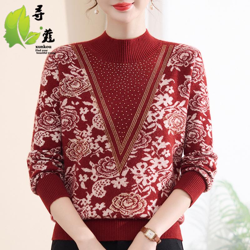 Chic Autumn/Winter Velvet-Lined Half-High Collar Warm Sweater for Stylish Middle-Aged & Elderly Women
