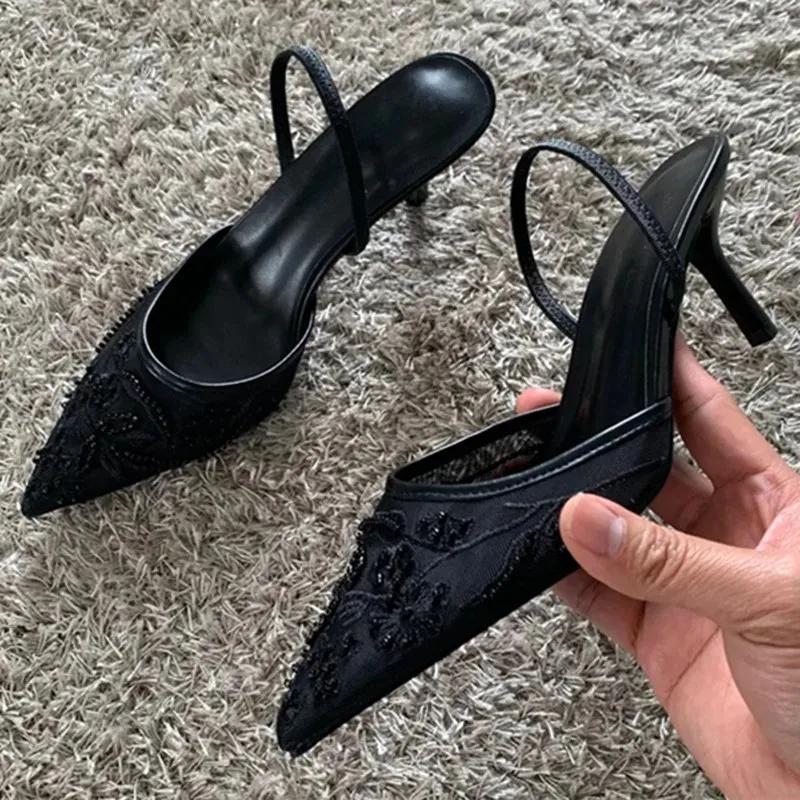 Mesh Embroidered Women Sandals Fine Heels Slippers Fashion String Beads Pointed Toe Mules Wedding Dress Shoes