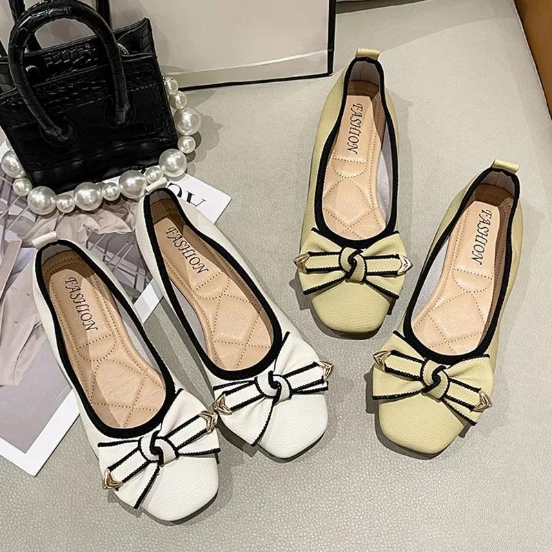 Большие размеры 43, женские удобные топсайдеры на плоской подошве, туфли без шнуровки с квадратным носком, обувь для девочек с бантом, офисная женская обувь