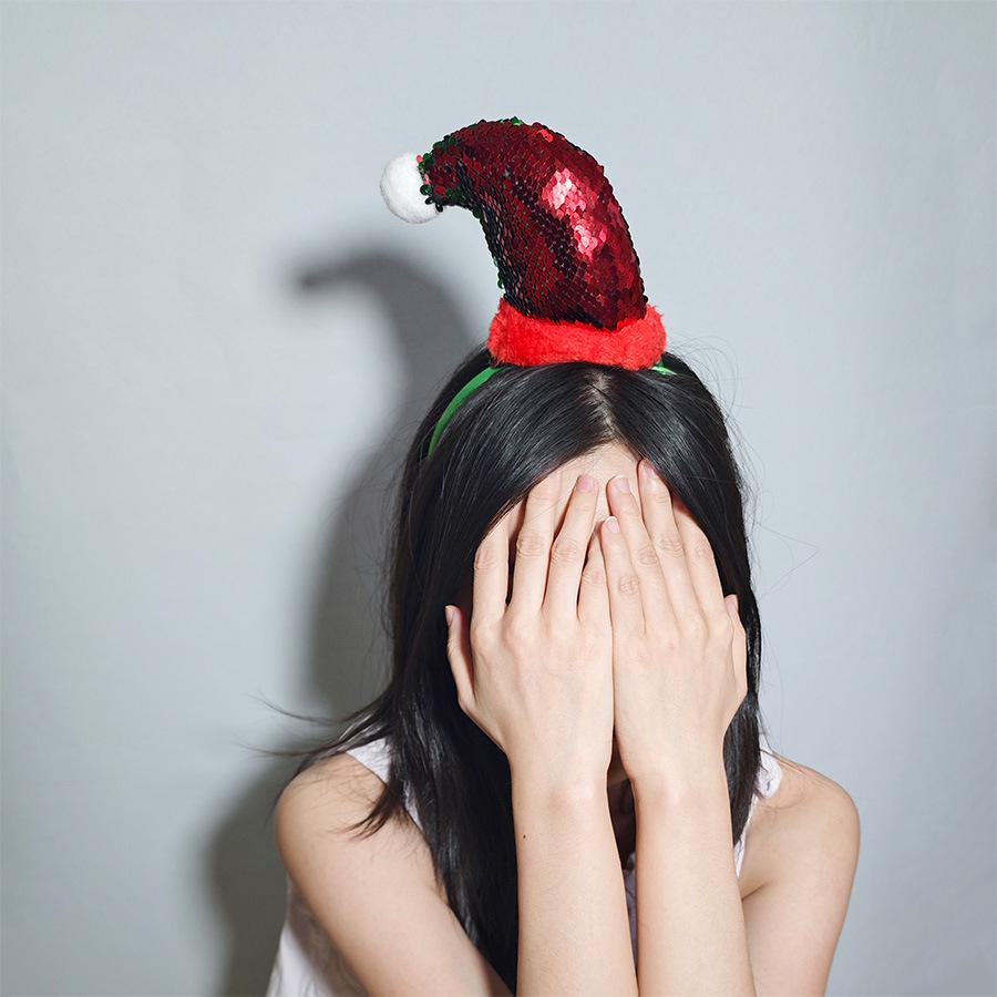 Reversible Sequin Christmas Hat Headband with Cute Plush Snowflake