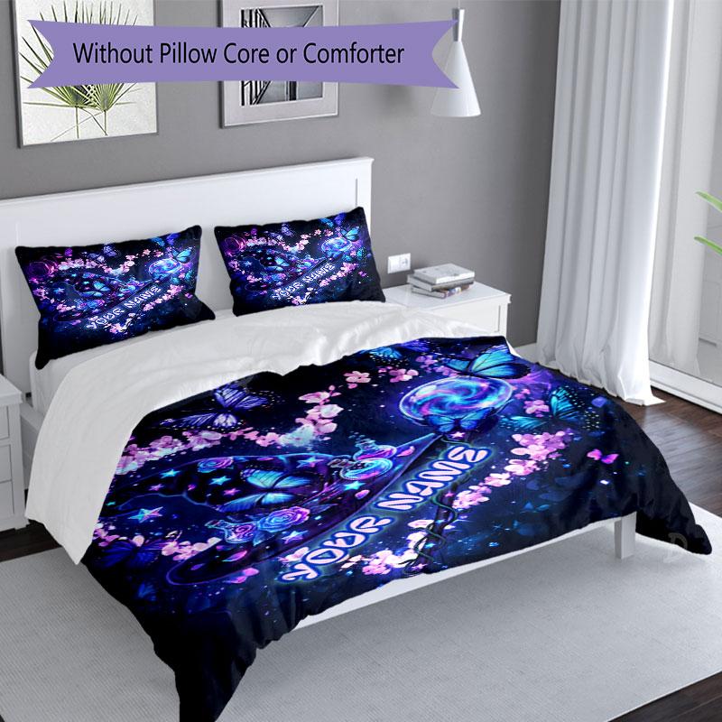 3pcs Custom Name Butterfly Dreams Purple Bedding Set Printed Bedding Set Duvet Cover Closure Includes 1 Duvet Cover & 2 Pillowcases Bedroom Decor