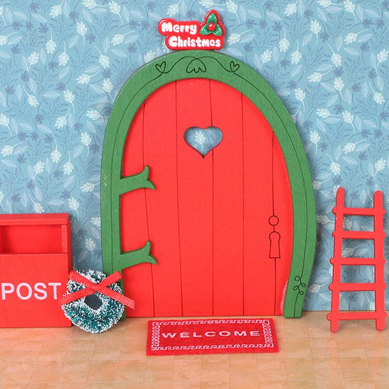 Dollhouse Miniature Wooden Red Fairy Tooth Elf Gnome Tiny Door Mini Red Christmas Door Mini Elf Door Decorative Scene Props