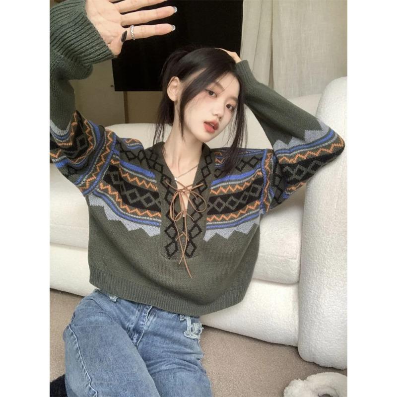 Винтажные свитера женские на шнуровке элегантные уютные с V-образным вырезом модные женские пуловеры в стиле BF трикотаж Ulzzang классический уличный стиль осень