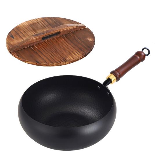 Traditional Forged Iron Wok with Wooden Lid Non-Stick Uncoated Iron Pan Japanese Cookware for Gas Induction & Electric Stoves