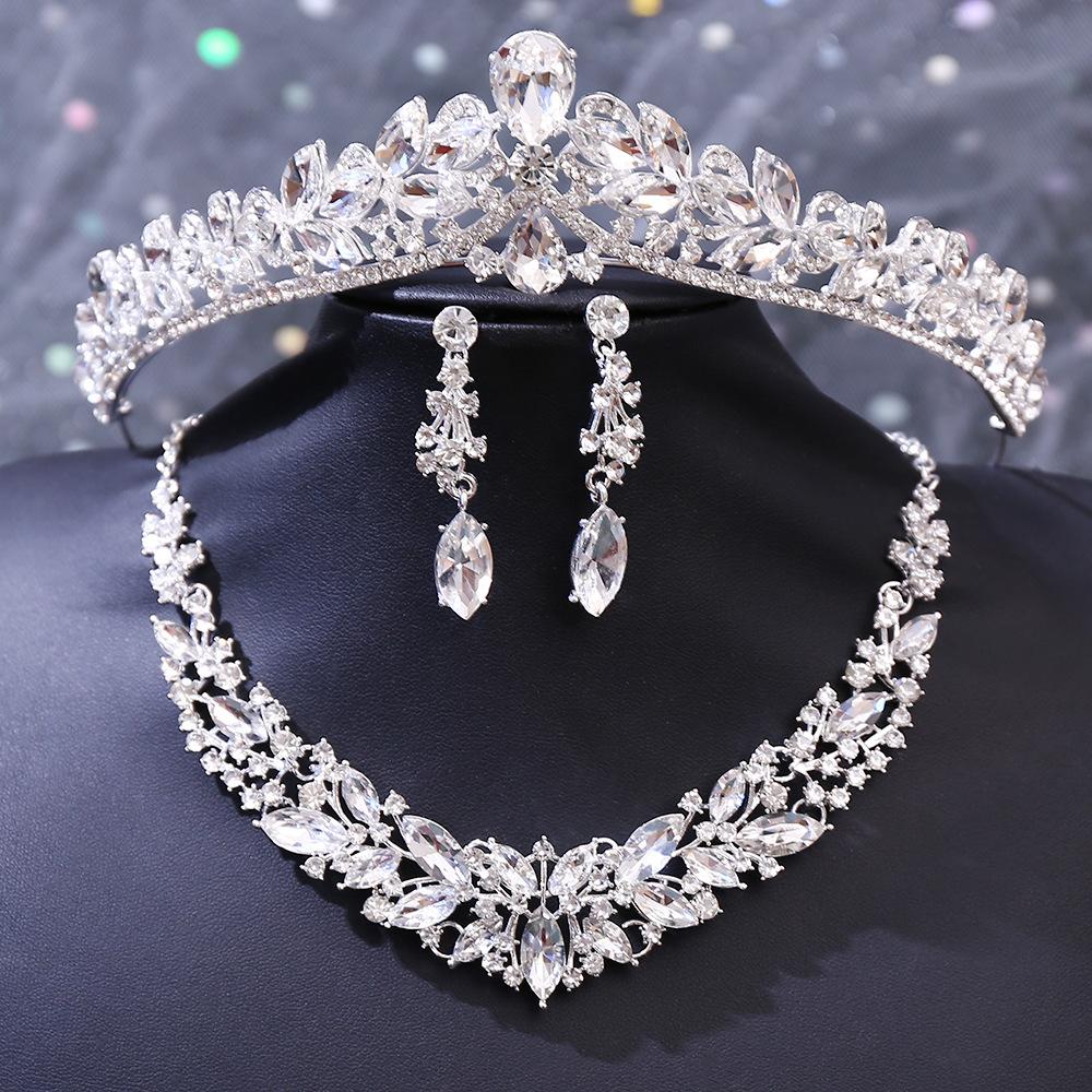 DIEZI 5 Colors Luxury Crystal Tiara Necklace Earrings For Women Wedding Party Elegant Bridal Bride Rhinestone Crown Accessories