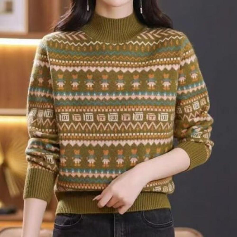 Navava Women S Retro Ethnic Pattern Half Turtle Neck Long Sleeve Knit Sweater Nk