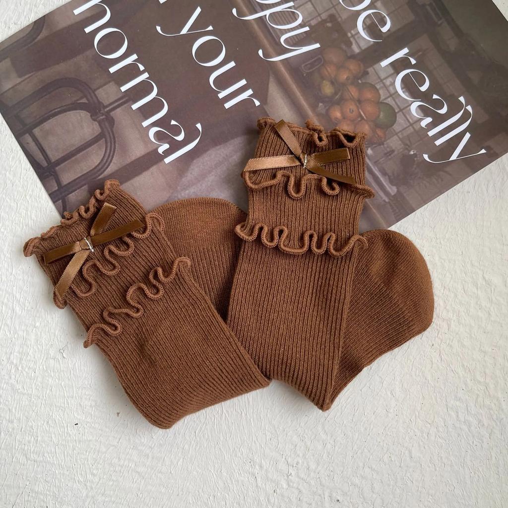 1 пара шикарных осенних носков для девочек из телячьей шерсти, корейские модные носки с оборками и бантом для детей, мягкие хлопковые школьные носки, одежда, аксессуары