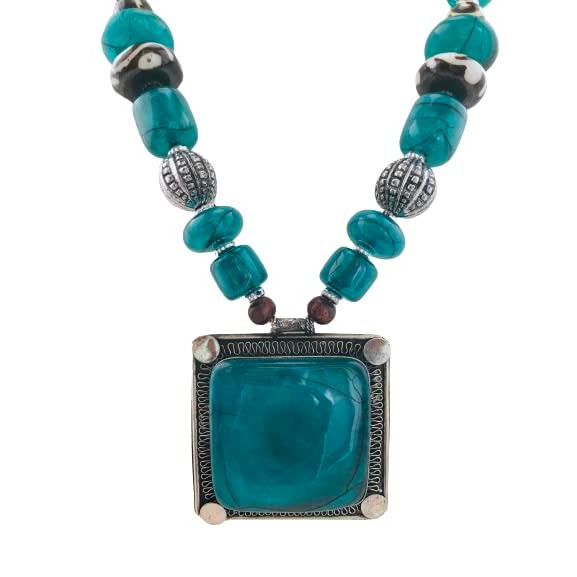 Старинное серебряное окисленное племенное тибетское чешское ювелирное ожерелье из тибетского камня(Черно-белые племенные бусы с мятным камнем) (Цвет морской волны)