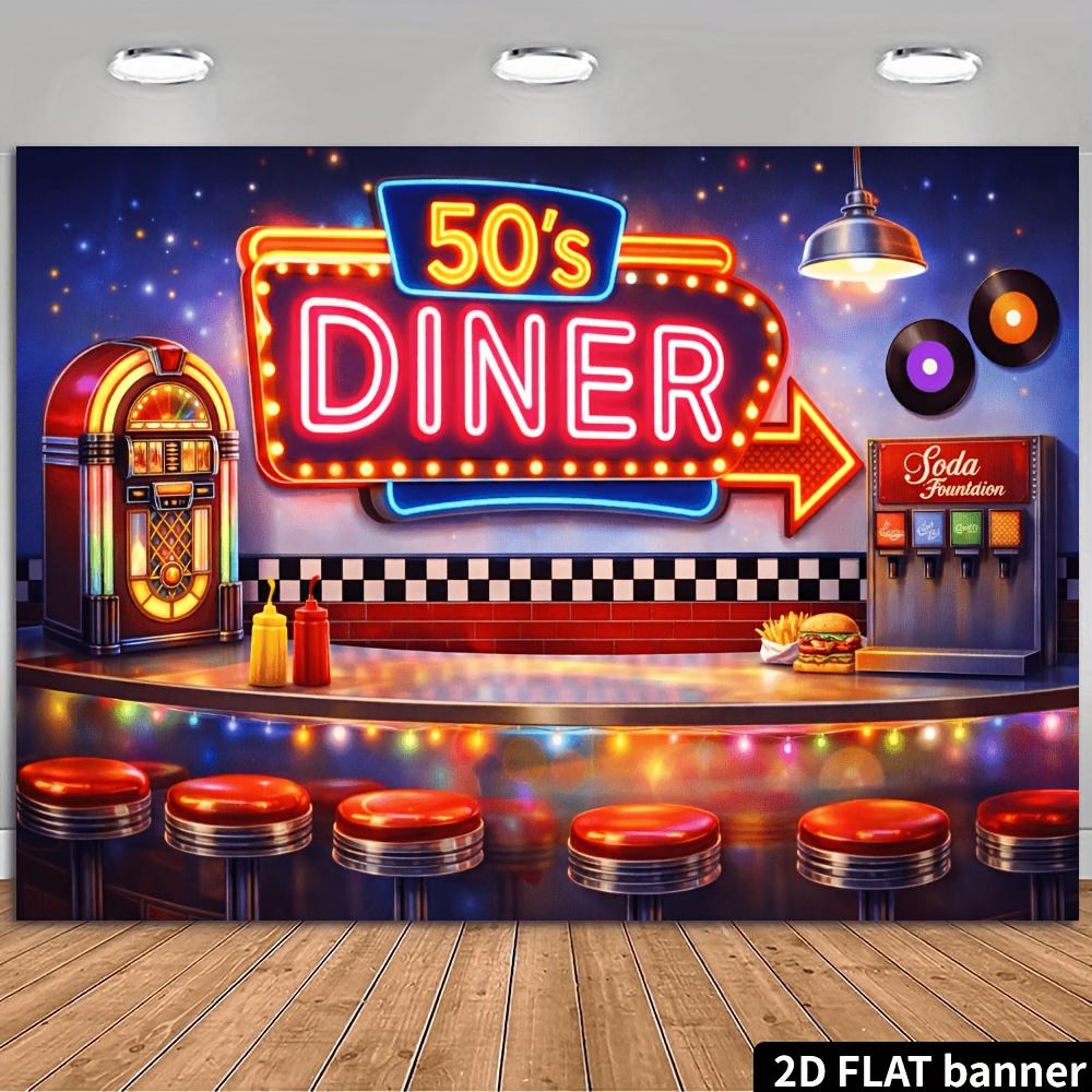 2D flat banner neon retro diner background cloth, "50's diner" sign combined with jukebox