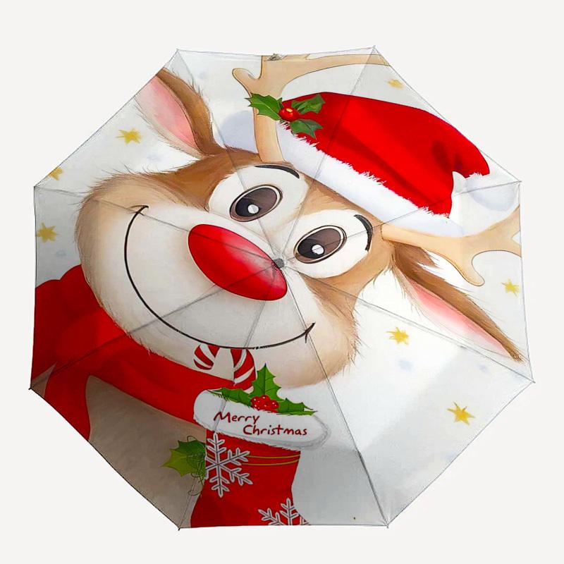 1pc Christmas Reindeer with Santa Hat and Holly, Automatic Opening Umbrella, Portable 3-Fold Design, 8-Bone Iron Frame Outdoor Umbrella, Festive Gift