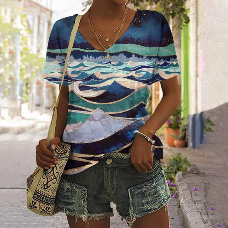 Полосатая футболка для женщин, новая простая одежда, повседневная футболка с v-образным вырезом и короткими рукавами, женская футболка в стиле Харадзюку в стиле ретро с принтом, летняя