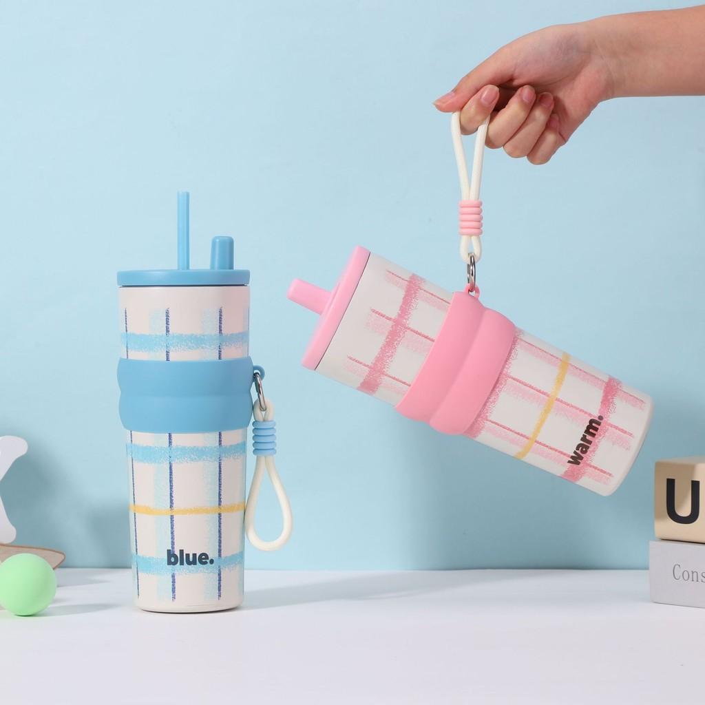 Клетчатая термокружка из нержавеющей стали большой вместимости с принтом букв и соломинкой