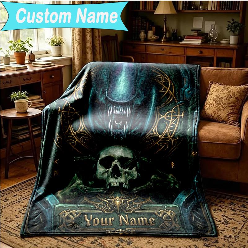1PC Custom Name Blanket Alien Ornate Frame Flannel blankets Patterns Throw Blanket All-Season Soft Gift for Couch, Bed, Camping, Birthday gifts