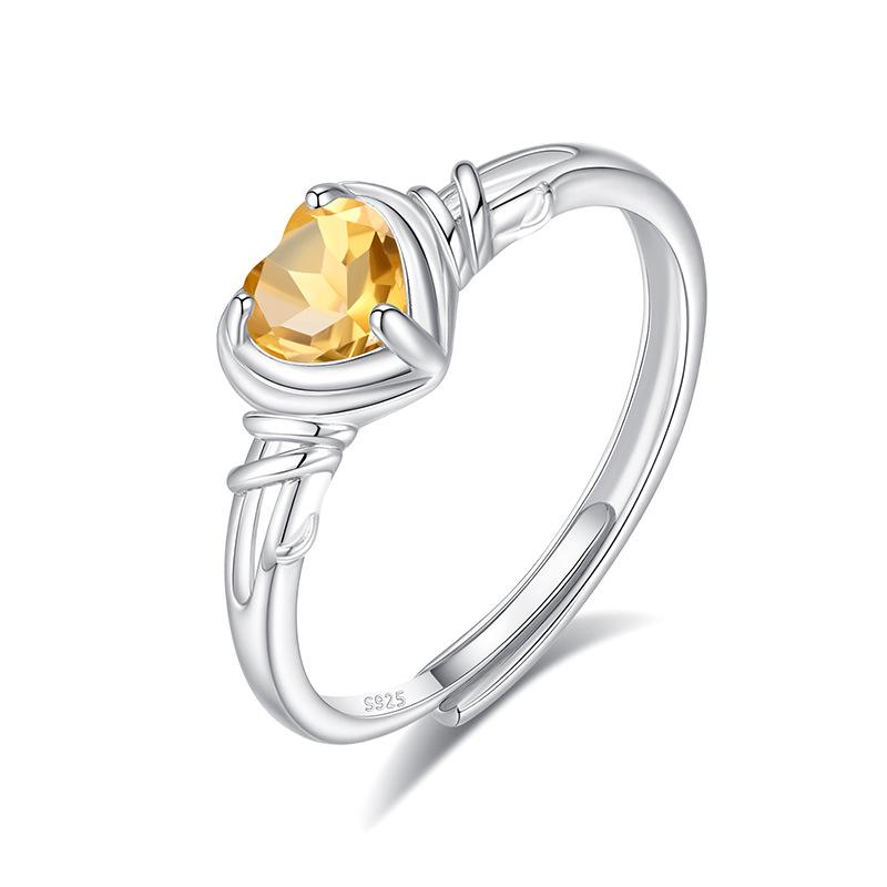 Heart Shaped Natural Crystal Ring S925 Sterling Silver Niche Open Ring Topaz Women Jewelry