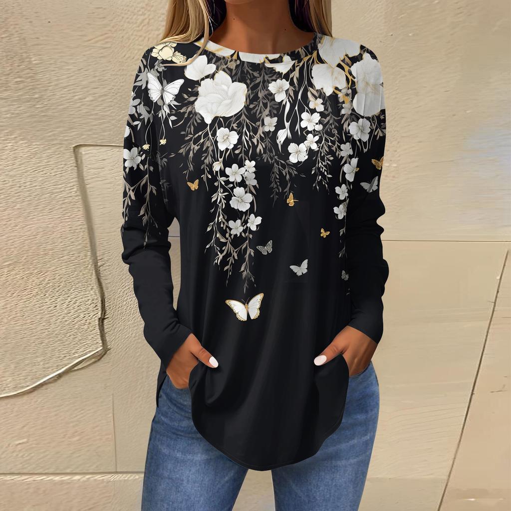 Shirts For Women Cute  Vintage Pattern Print T-Shirt Long Sleeve Tunic Tops Cotton Pullovers