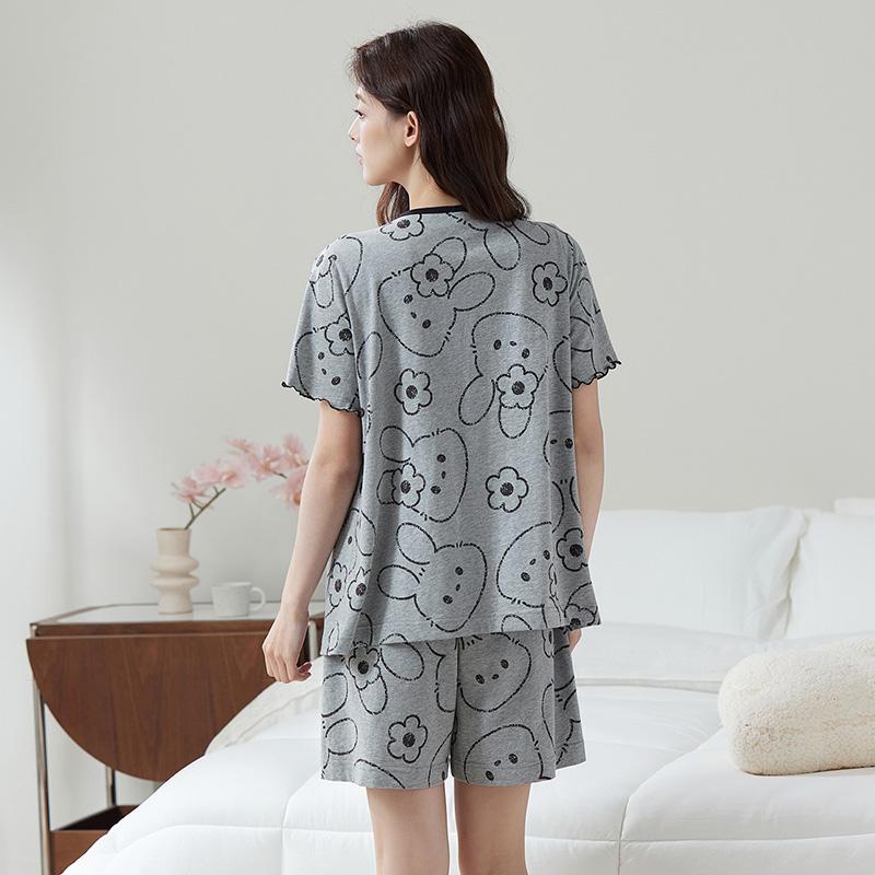 Fentenggan 100% pure cotton soft breathable pajamas women's home suit set round neck cardigan short sleeved casual