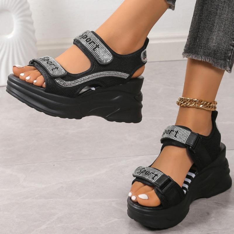 Big Size Women Round Toe Muffin Sandals Thick Bottom Rhinestone Decor Summer Shoes