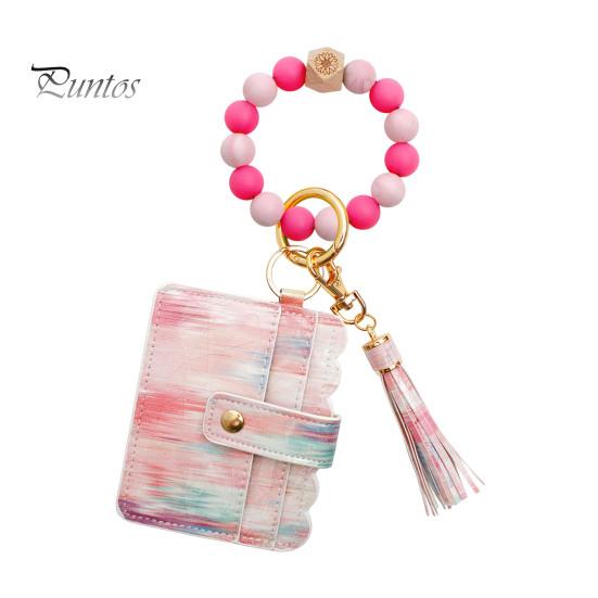 Брелок на запястье с блокировкой RFID и 6 отделениями для карт, браслет с кисточками и бусинами, брелок из искусственной кожи