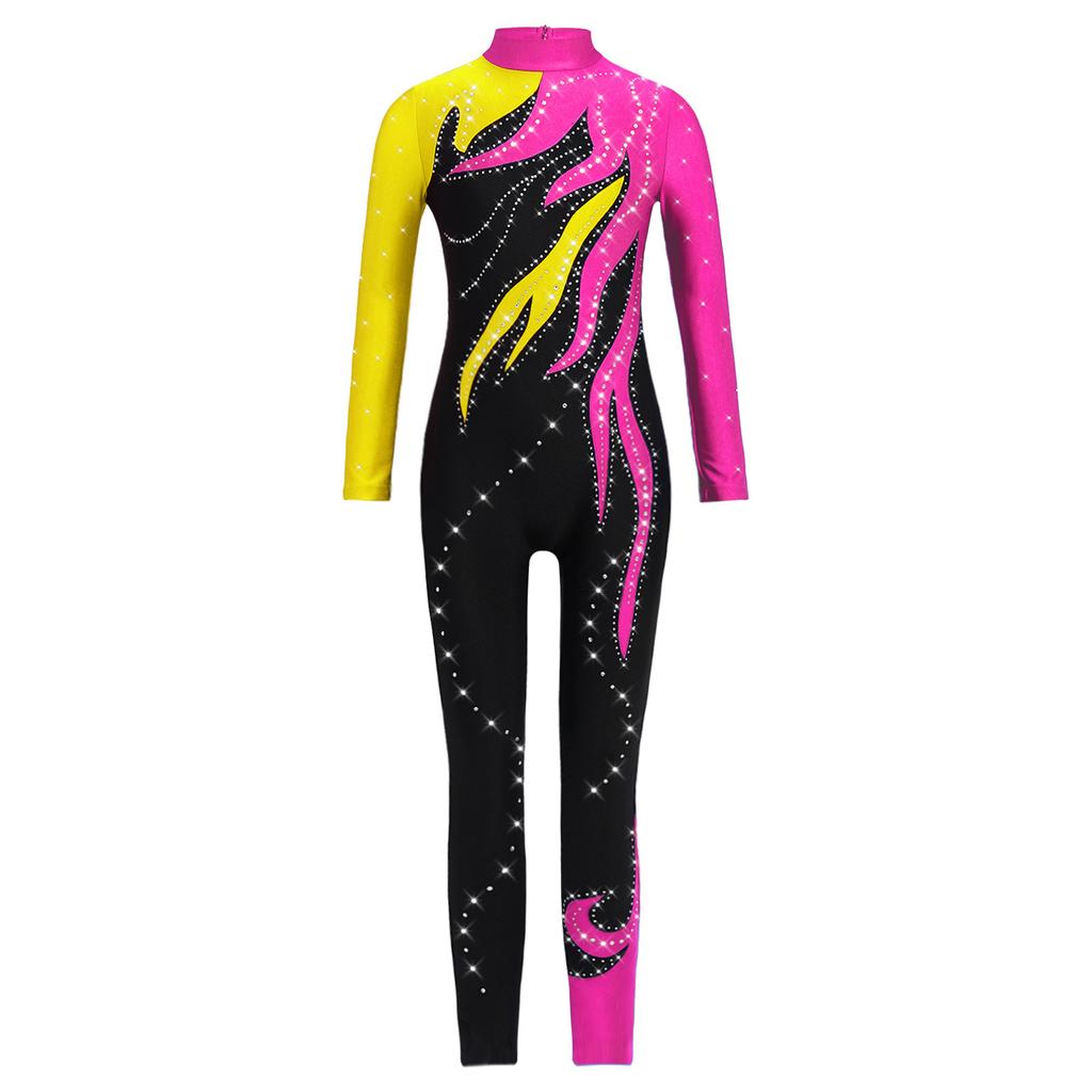 Девочки Цветной блок Гимнастический комбинезон Водолазка Длинный рукав Блестящие стразы Боди Комбинезон На все тело