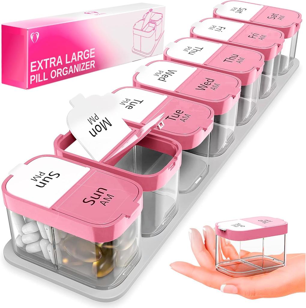 Очень большой еженедельный органайзер для таблеток - XL Daily Pill Box - 7 Day AM PM Pill Box Гигантский контейнер для таблеток на замену Большой контейнер для таблеток (Цвета радуги)