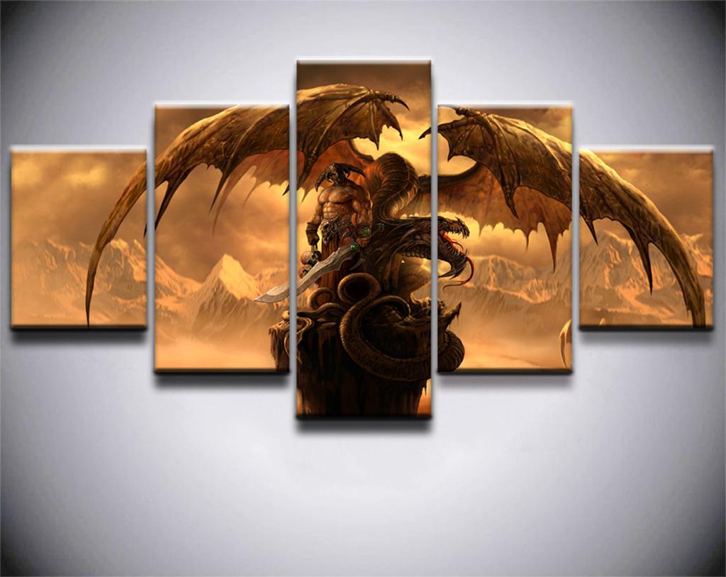 Unframed 5 Pcs Dragon Fantasy Sword Warrior Game Movie Modern Canvas Posters Wall Art Pictures HD Paintings Room Home Decor