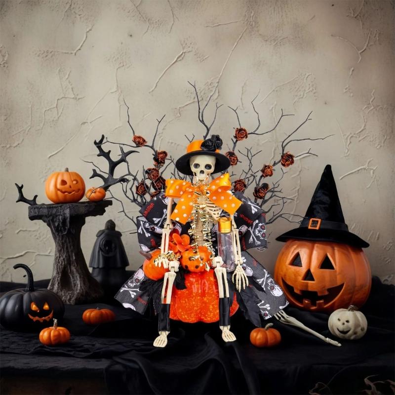 Halloween Pumpkin Skeleton Decorations Artificial Fake Flower with Deadwoods Table Centerpieces Home Decorations Gift