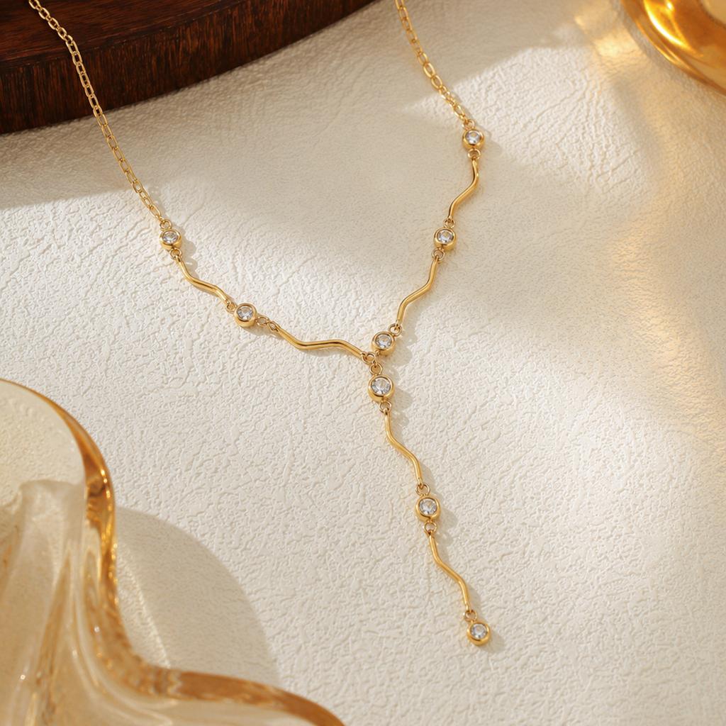 European and American personalized corrugated splicing clavicle chain stainless steel necklace insY-shaped micro-inlaid zircon fringed necklace