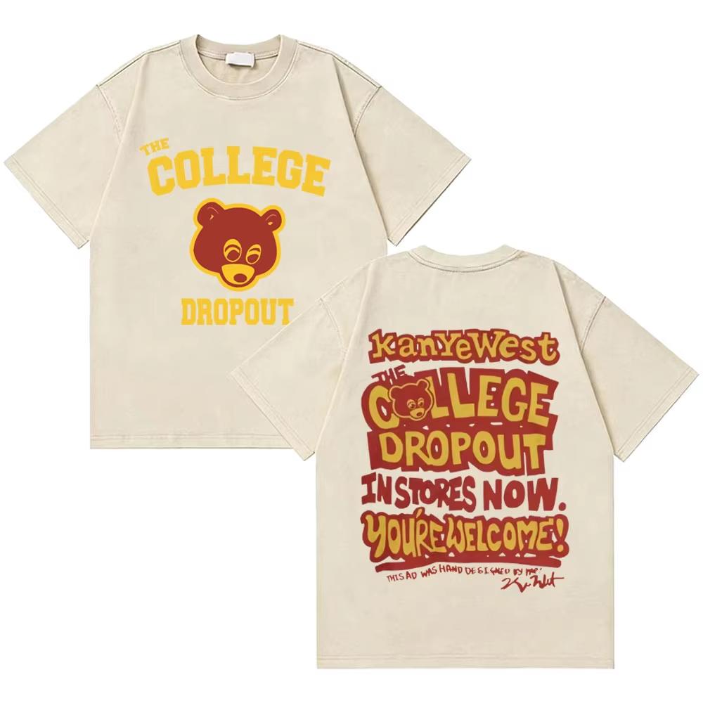 Washed Vintage Rapper Kanye West The College Dropout Bear Double Sided Print T-shirts Men Women