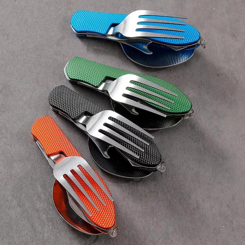 Corrosion Resistant Portable Folding Stainless Steel Cutlery Set Fork Spoon Knife Bottle Opener for Picnic Travel Daily Use